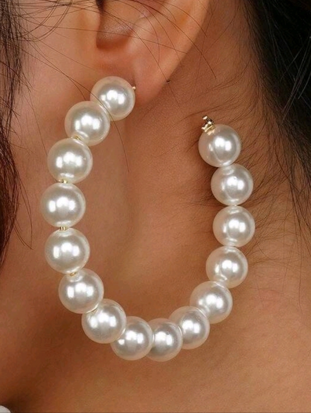 Large Faux Pearl Beaded Hoop Earrings - White